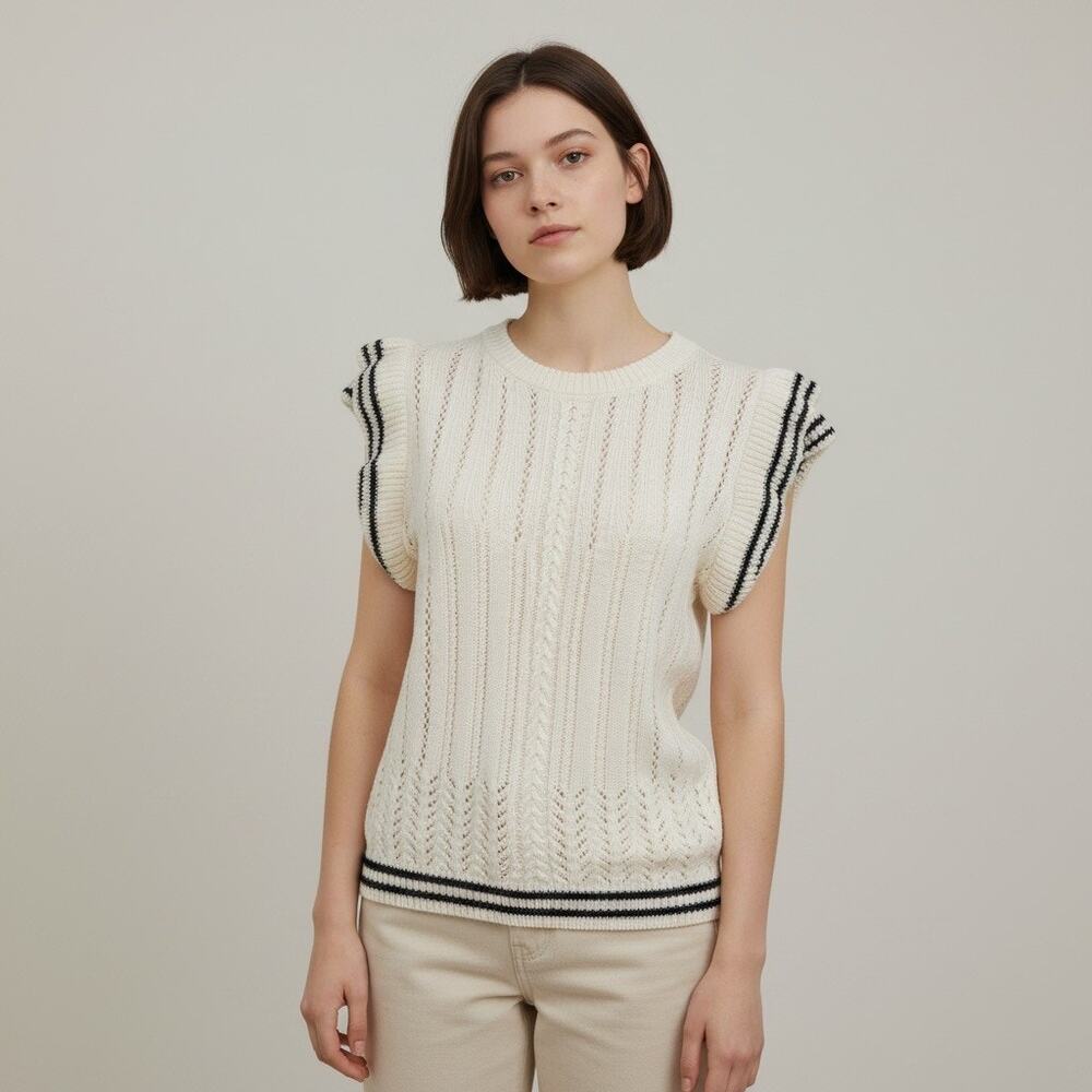 AVARA Women's Ivory Cable Knit Short Sleeve Sweater Top NWT